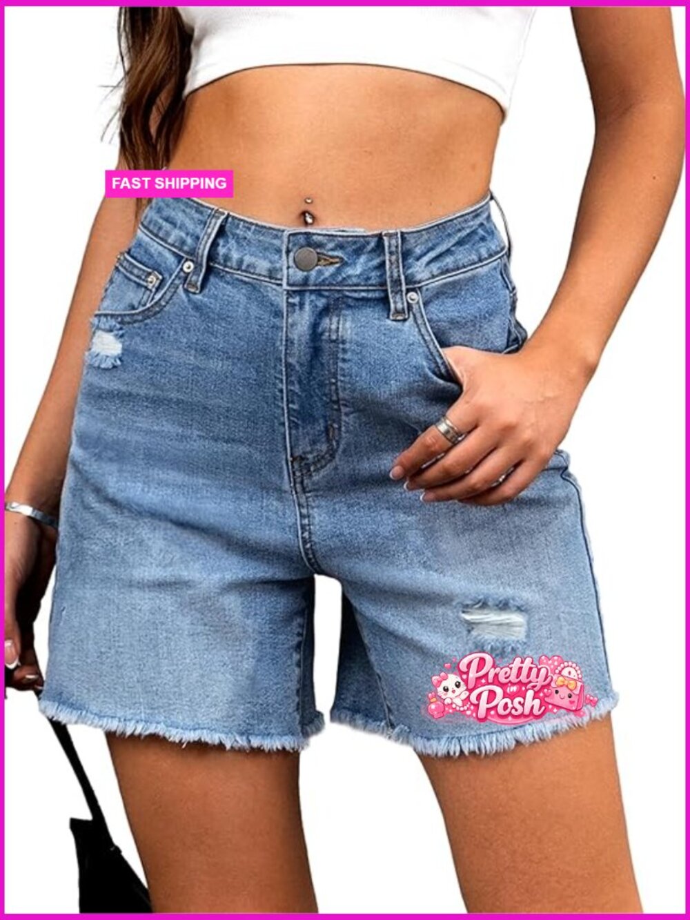 High Waisted Stretchy Denim Shorts Raw Hem Mom Shorts